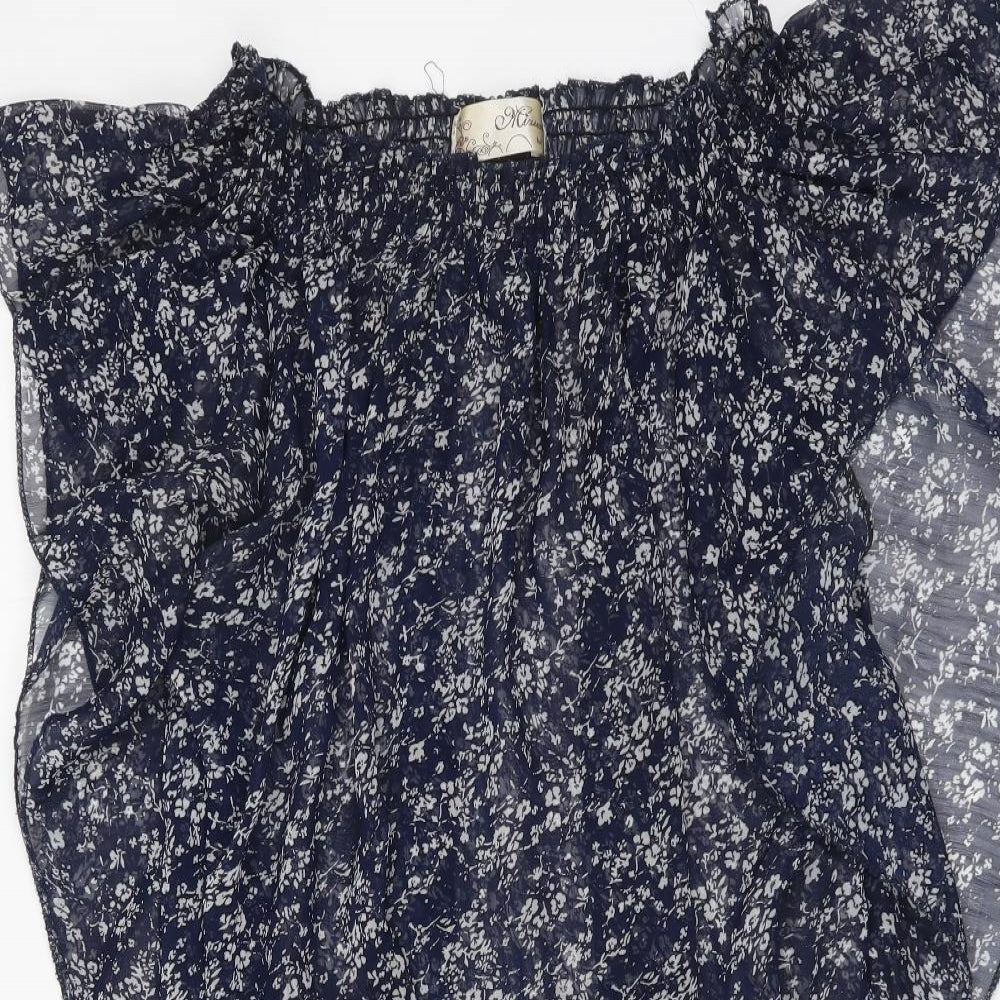 Mizumi Womens Blue Floral Polyester Basic Blouse Size M Round Neck
