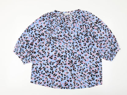 Papaya Womens Blue Animal Print Polyester Basic Blouse Size 10 V-Neck - Leopard Pattern