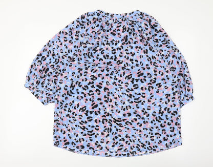 Papaya Womens Blue Animal Print Polyester Basic Blouse Size 10 V-Neck - Leopard Pattern