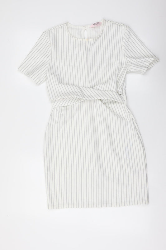 Miss Selfridge Womens White Striped Polyester Mini Size 8 Round Neck Pullover - Twist Detail