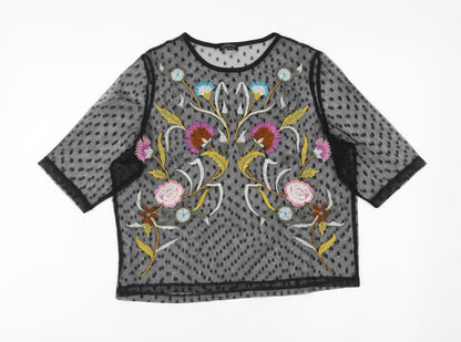 River Island Womens Black Polka Dot Polyester Basic T-Shirt Size 10 Round Neck - Flower Detail