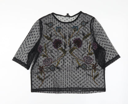 River Island Womens Black Polka Dot Polyester Basic T-Shirt Size 10 Round Neck - Flower Detail