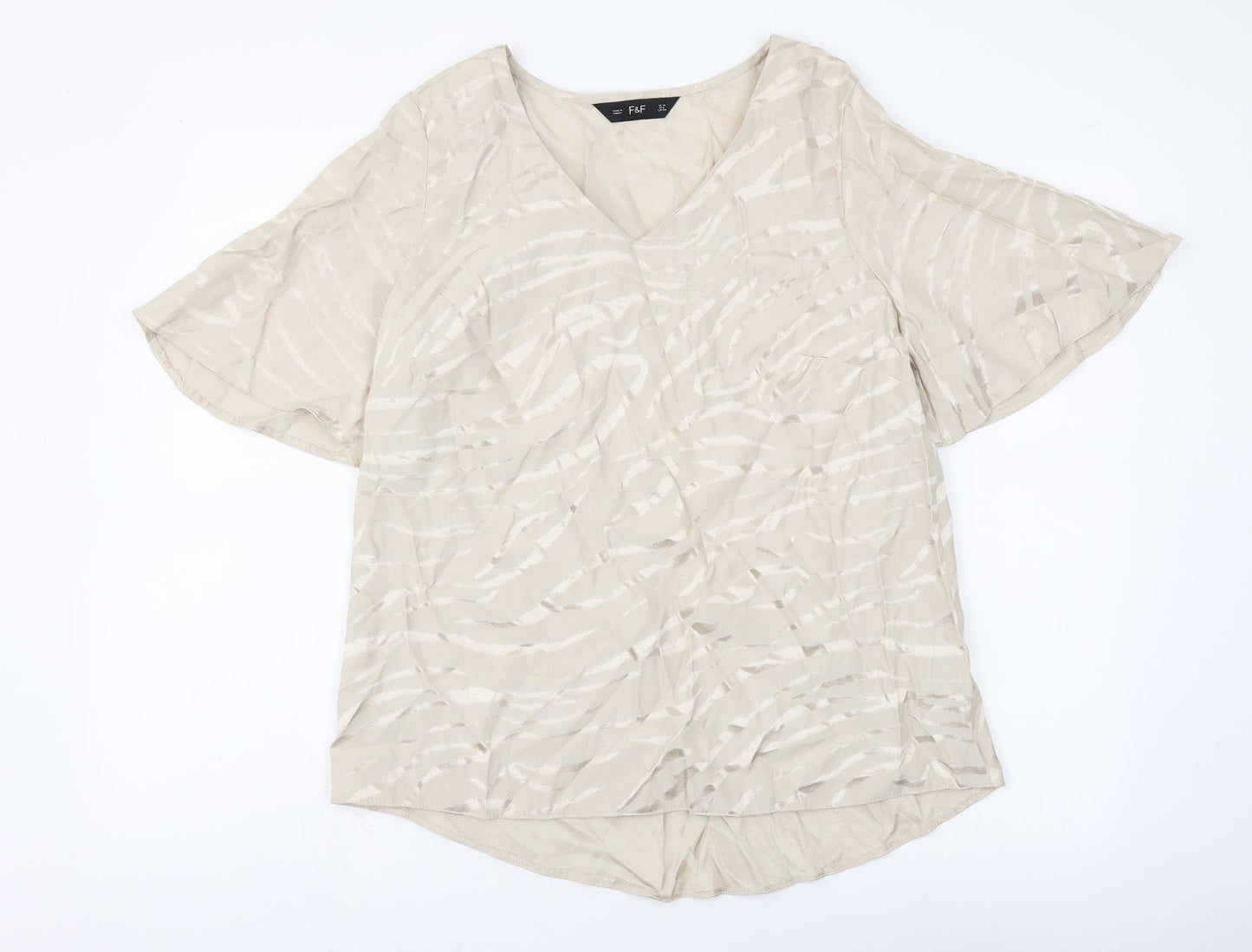 F&F Womens Beige Geometric Polyester Basic Blouse Size 10 V-Neck