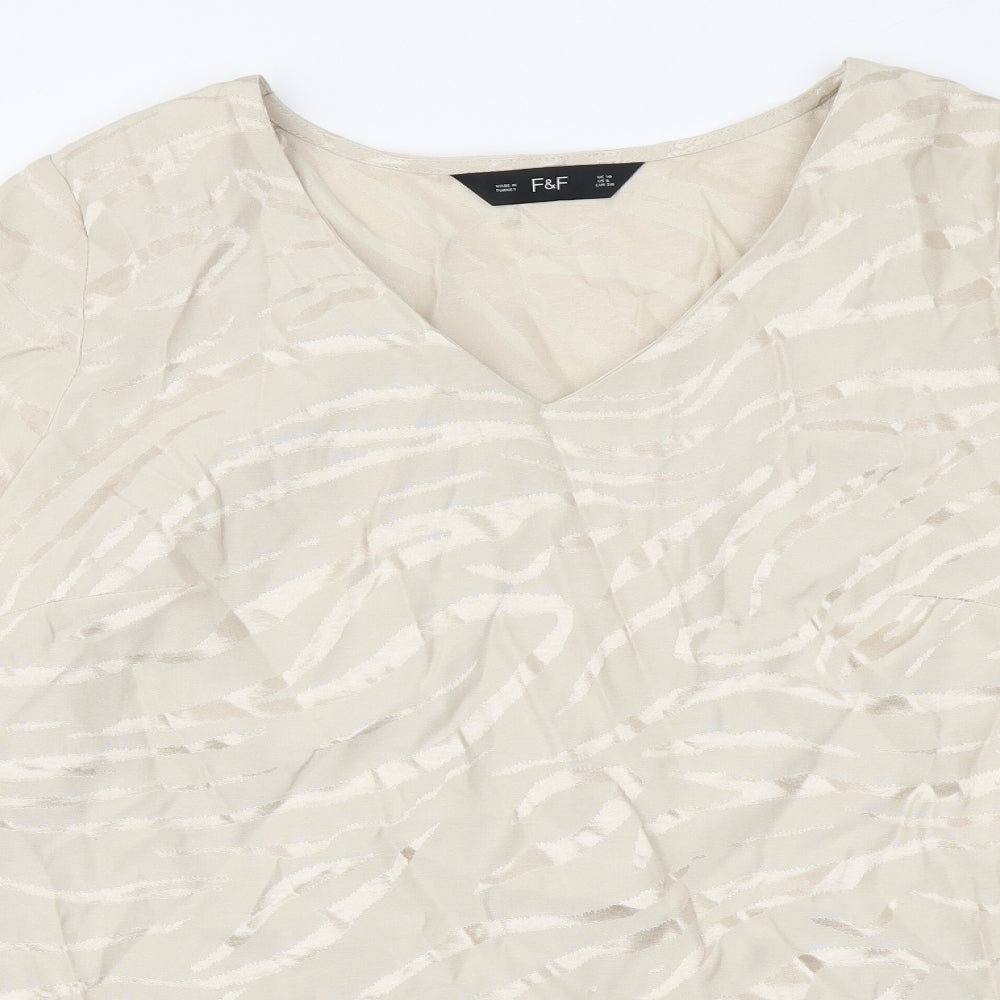 F&F Womens Beige Geometric Polyester Basic Blouse Size 10 V-Neck