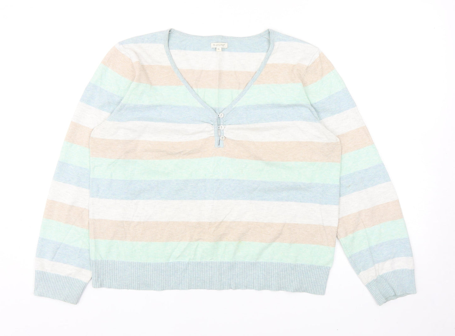 b.young Womens Multicoloured V-Neck Striped Acrylic Pullover Jumper Size XL