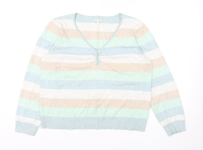 b.young Womens Multicoloured V-Neck Striped Acrylic Pullover Jumper Size XL