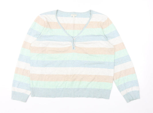 b.young Womens Multicoloured V-Neck Striped Acrylic Pullover Jumper Size XL