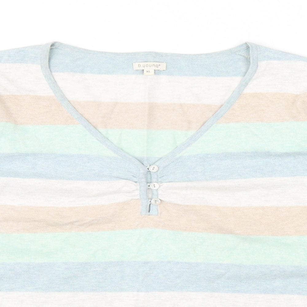 b.young Womens Multicoloured V-Neck Striped Acrylic Pullover Jumper Size XL