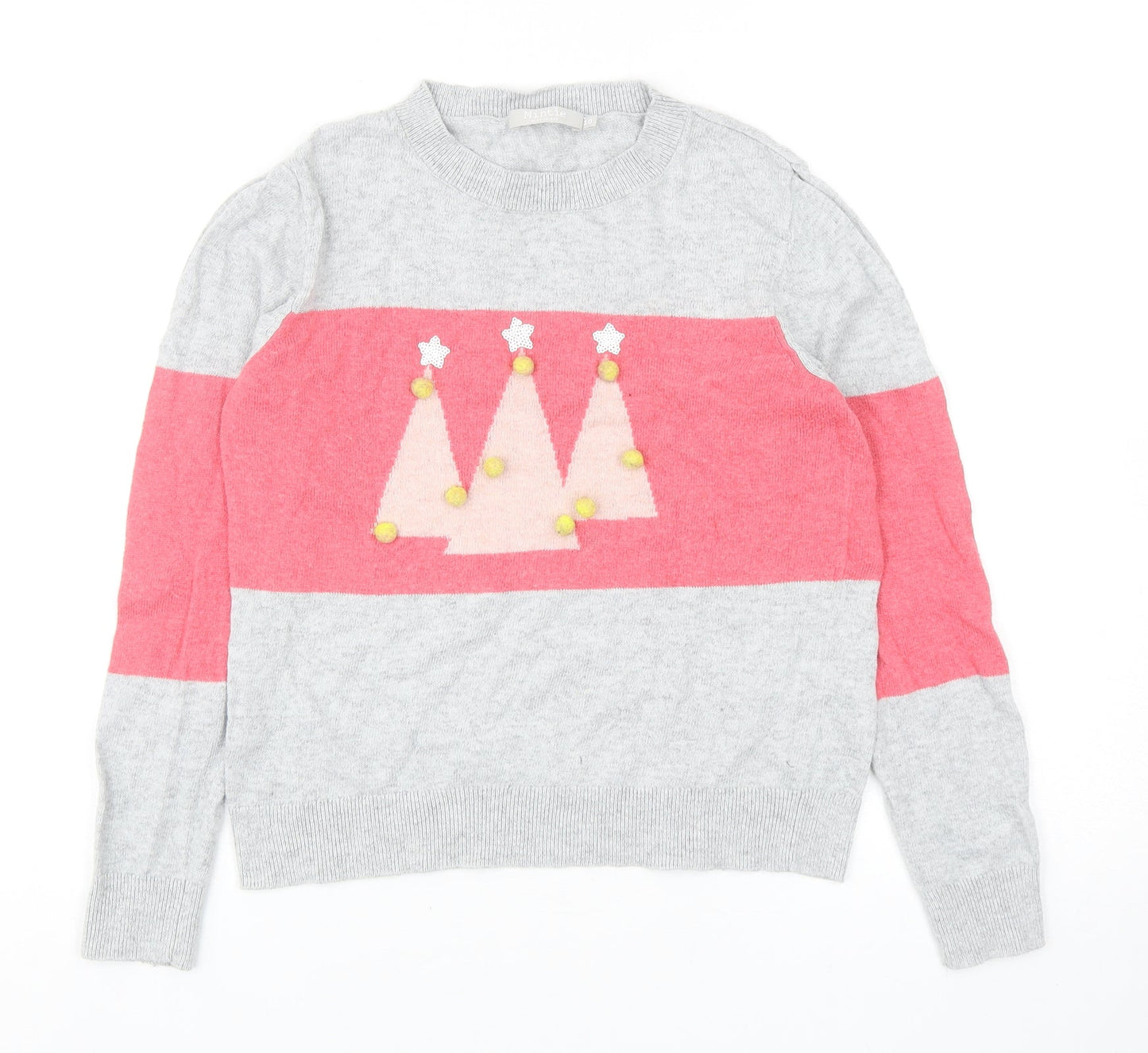 Mint Velvet Girls Grey Round Neck Colourblock Cotton Pullover Jumper Size 10 Years Pullover - Christmas Tree