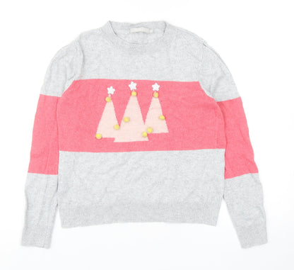 Mint Velvet Girls Grey Round Neck Colourblock Cotton Pullover Jumper Size 10 Years Pullover - Christmas Tree