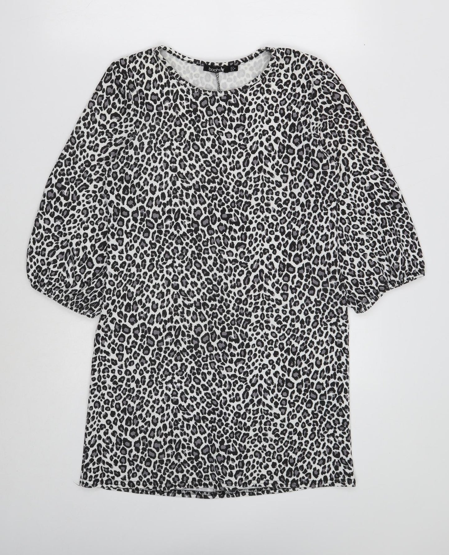 Boohoo Womens Black Animal Print Polyester Shift Size 8 Boat Neck Pullover - Leopard Print
