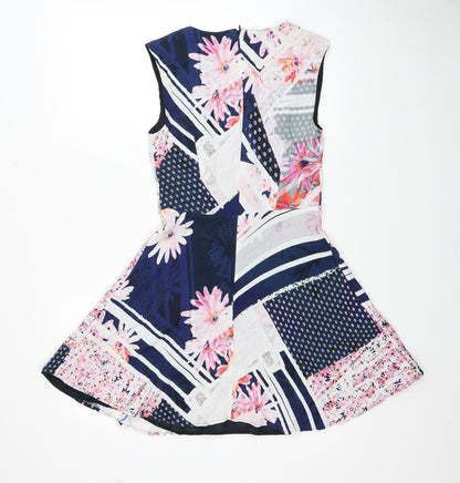 French Connection Womens Multicoloured Geometric Viscose Fit & Flare Size 6 Boat Neck Zip