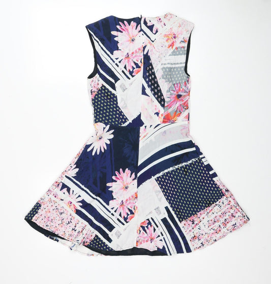 French Connection Womens Multicoloured Geometric Viscose Fit & Flare Size 6 Boat Neck Zip