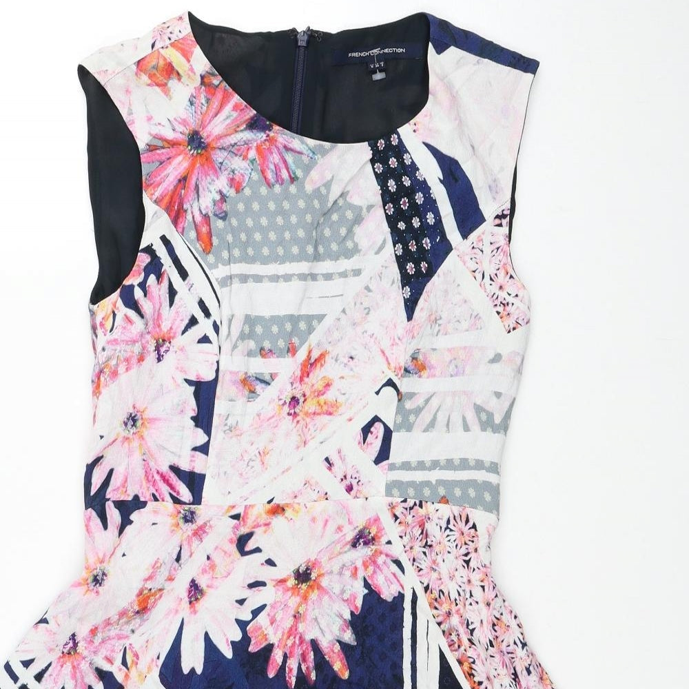 French Connection Womens Multicoloured Geometric Viscose Fit & Flare Size 6 Boat Neck Zip