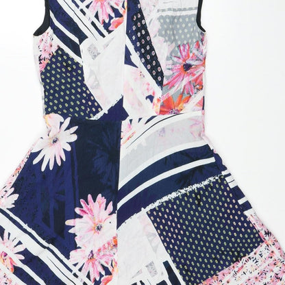 French Connection Womens Multicoloured Geometric Viscose Fit & Flare Size 6 Boat Neck Zip