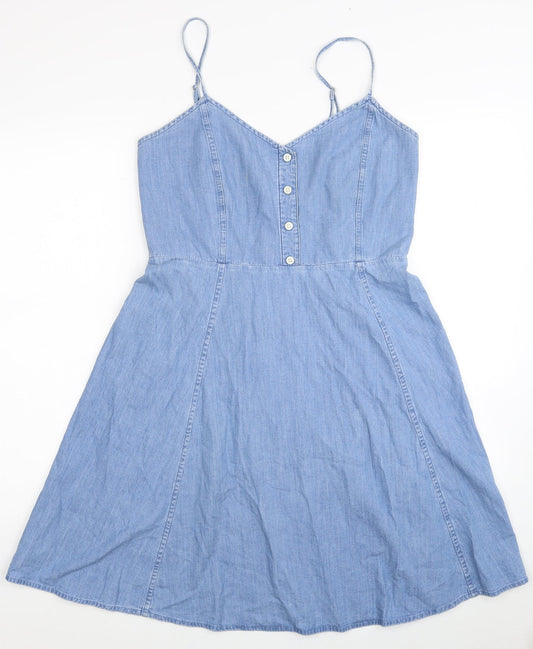 Gap Womens Blue Cotton Fit & Flare Size 6 V-Neck Pullover - Shirred