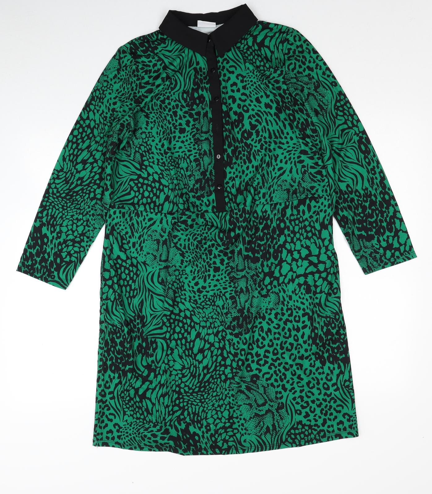 Together Womens Green Geometric Polyester Shirt Dress Size 10 Collared Button