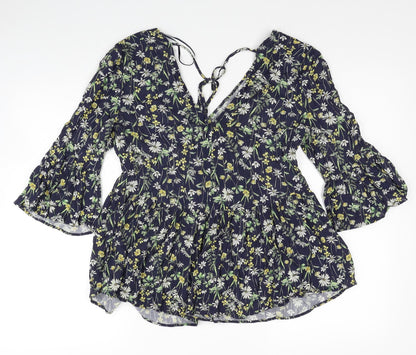 F&F Womens Blue Floral Viscose Basic Blouse Size 6 V-Neck