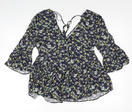 F&F Womens Blue Floral Viscose Basic Blouse Size 6 V-Neck