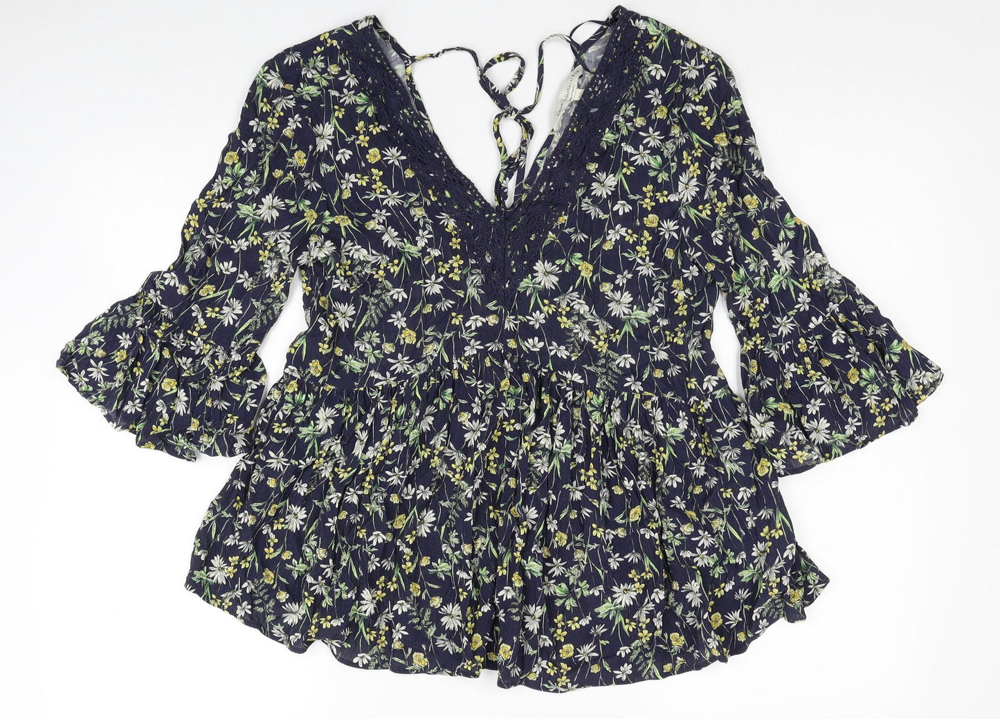 F&F Womens Blue Floral Viscose Basic Blouse Size 6 V-Neck