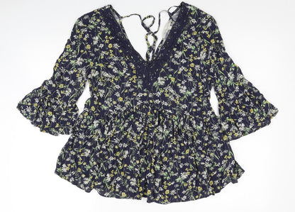 F&F Womens Blue Floral Viscose Basic Blouse Size 6 V-Neck