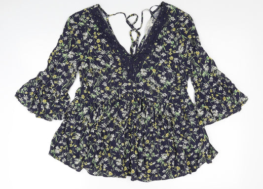 F&F Womens Blue Floral Viscose Basic Blouse Size 6 V-Neck