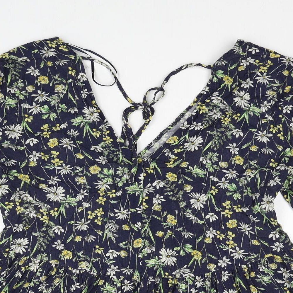 F&F Womens Blue Floral Viscose Basic Blouse Size 6 V-Neck