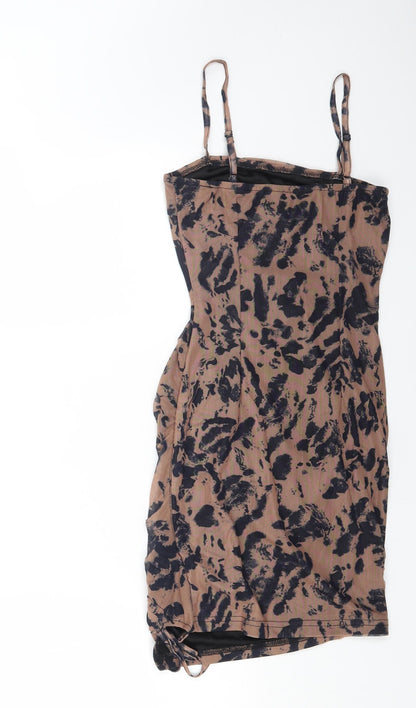 Mana Womens Brown Animal Print Polyester Mini Size 6 Square Neck Pullover