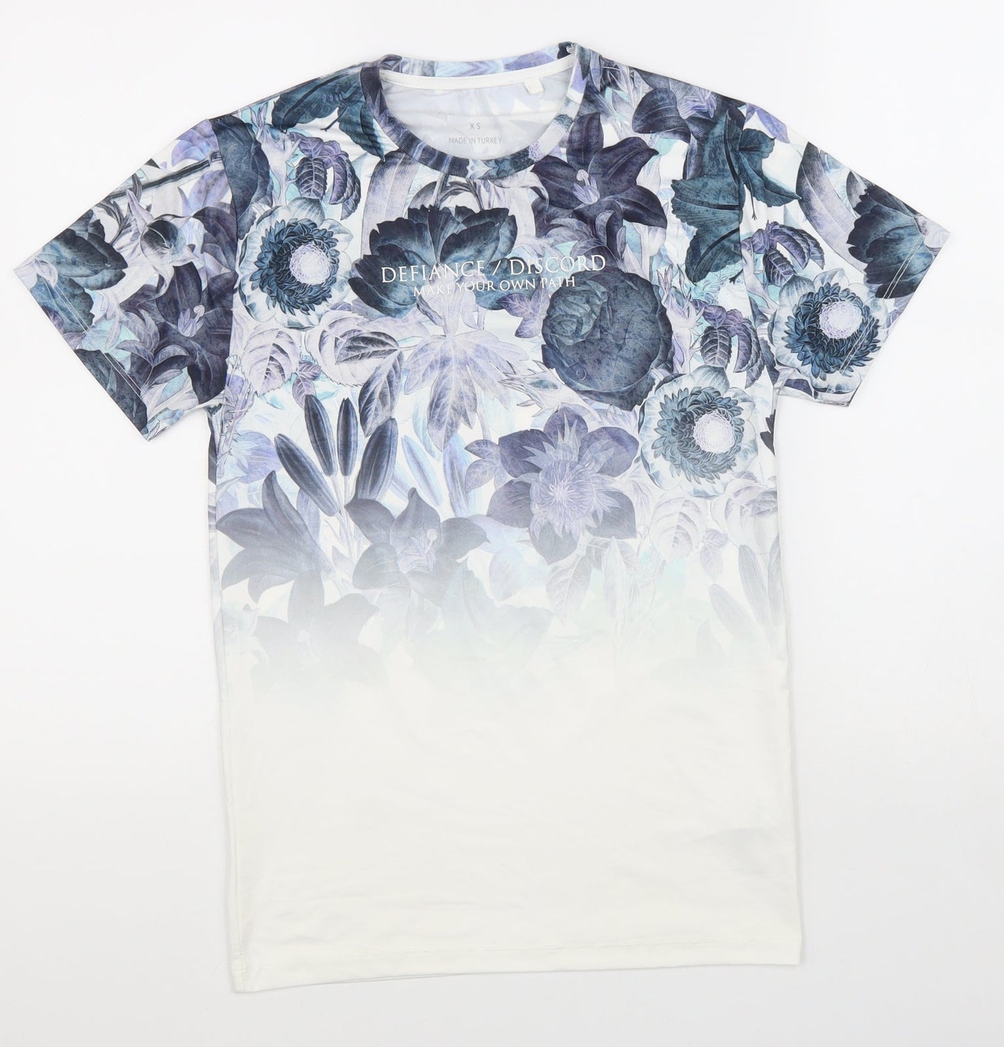 Primark Womens White Floral Polyester Basic T-Shirt Size XS Round Neck - Defiance/Discord Slogan