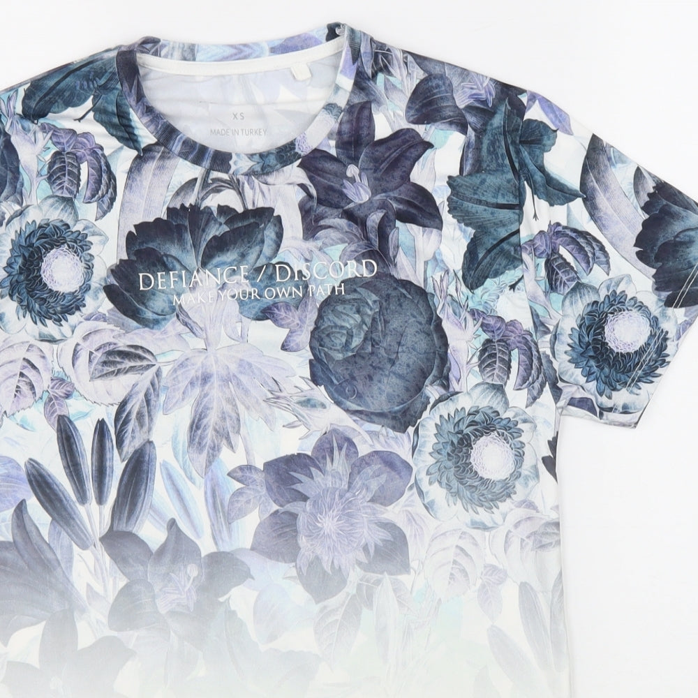 Primark Womens White Floral Polyester Basic T-Shirt Size XS Round Neck - Defiance/Discord Slogan