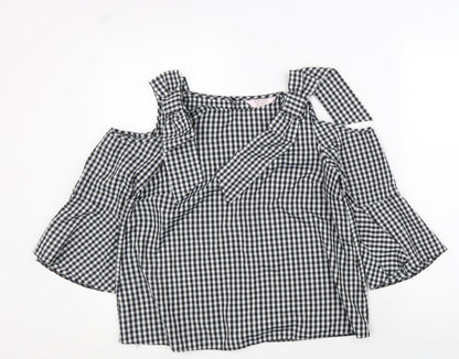 Miss Selfridge Womens Black Check Polyester Basic Blouse Size 8 Off the Shoulder