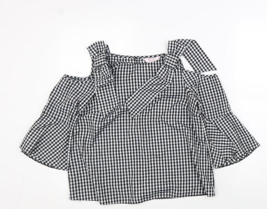 Miss Selfridge Womens Black Check Polyester Basic Blouse Size 8 Off the Shoulder