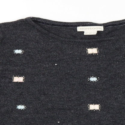 Monsoon Womens Grey Round Neck Cotton Pullover Jumper Size 14