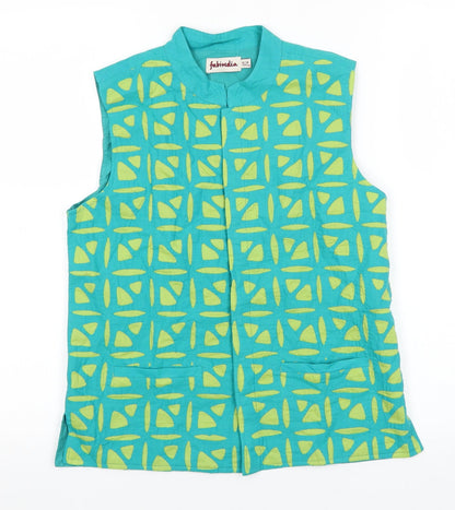 Fabindia Girls Green Geometric 100% Cotton Basic Blouse Size 12-13 Years Round Neck Button