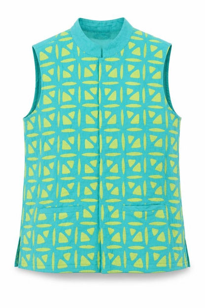 Fabindia Girls Green Geometric 100% Cotton Basic Blouse Size 12-13 Years Round Neck Button