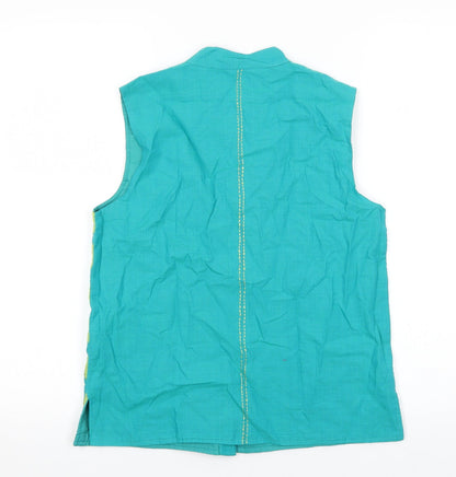 Fabindia Girls Green Geometric 100% Cotton Basic Blouse Size 12-13 Years Round Neck Button