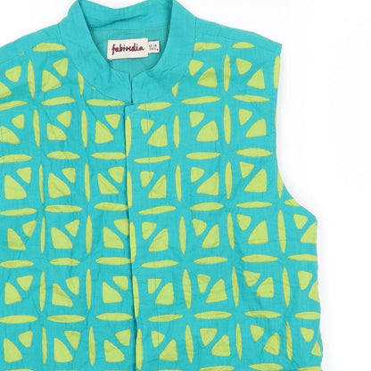 Fabindia Girls Green Geometric 100% Cotton Basic Blouse Size 12-13 Years Round Neck Button