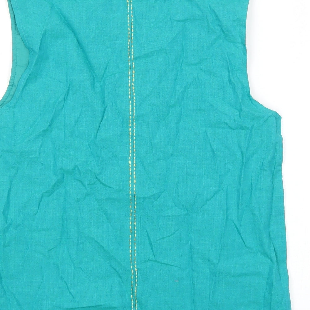 Fabindia Girls Green Geometric 100% Cotton Basic Blouse Size 12-13 Years Round Neck Button
