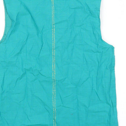 Fabindia Girls Green Geometric 100% Cotton Basic Blouse Size 12-13 Years Round Neck Button
