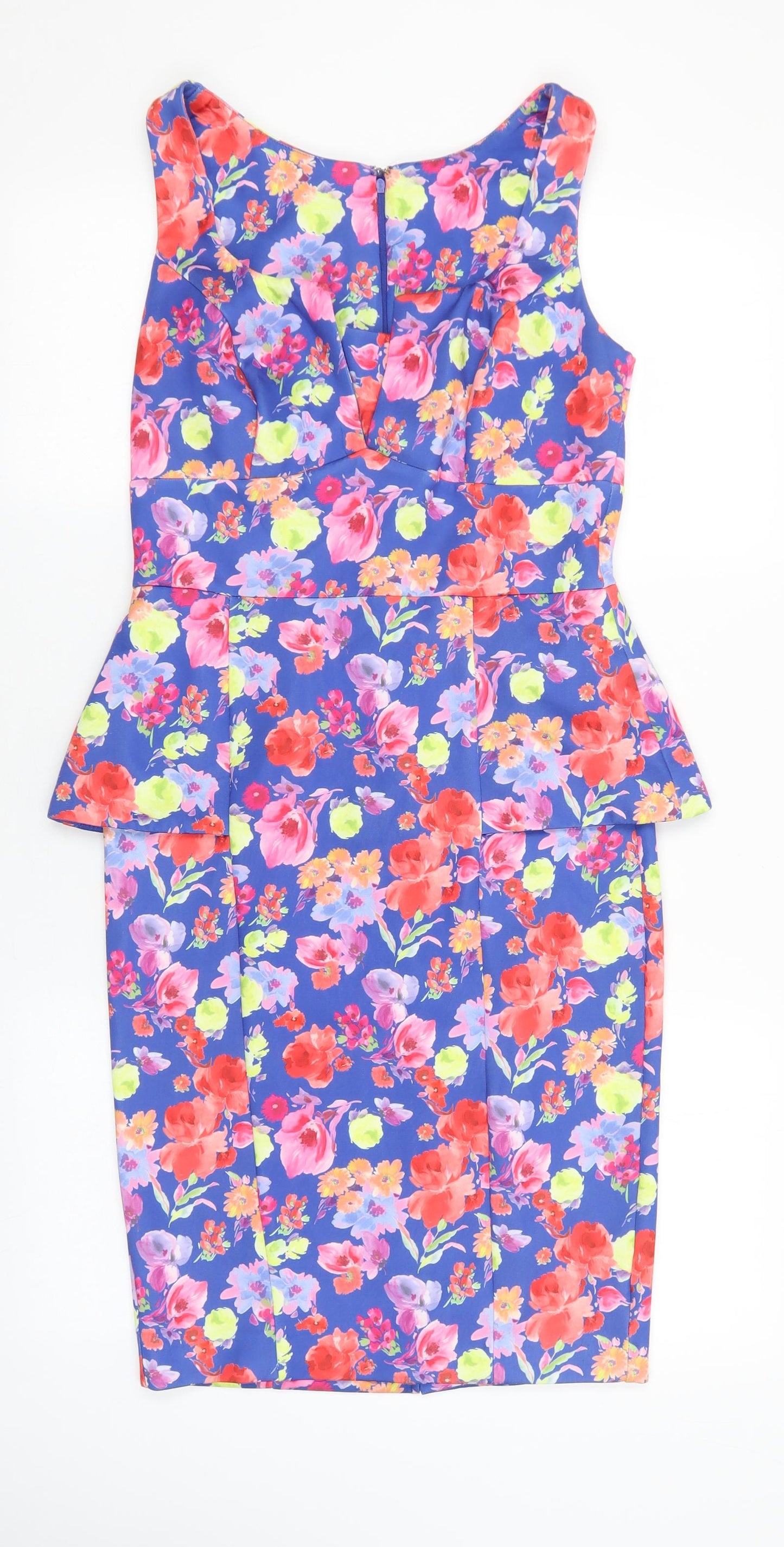 Preworn Womens Multicoloured Floral Elastane A-Line Size 10 V-Neck Zip
