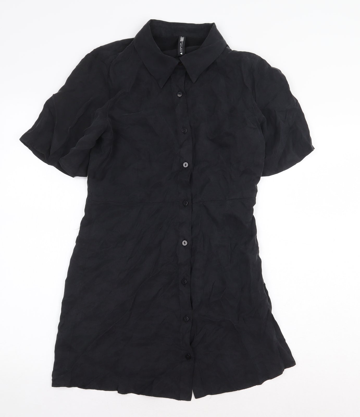 Zara Womens Black Lyocell Shirt Dress Size S Collared Button