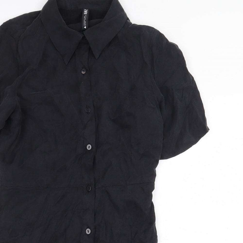 Zara Womens Black Lyocell Shirt Dress Size S Collared Button