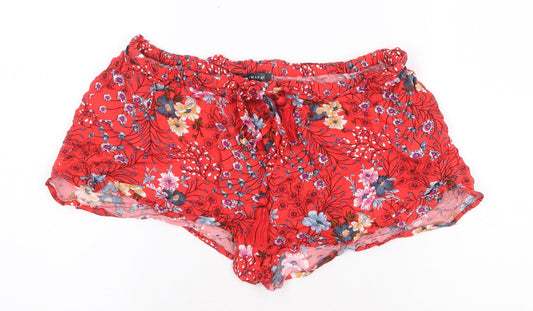 Primark Womens Red Floral Viscose Paperbag Shorts Size 10 Regular Tie