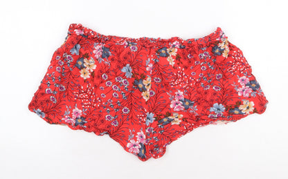 Primark Womens Red Floral Viscose Paperbag Shorts Size 10 Regular Tie