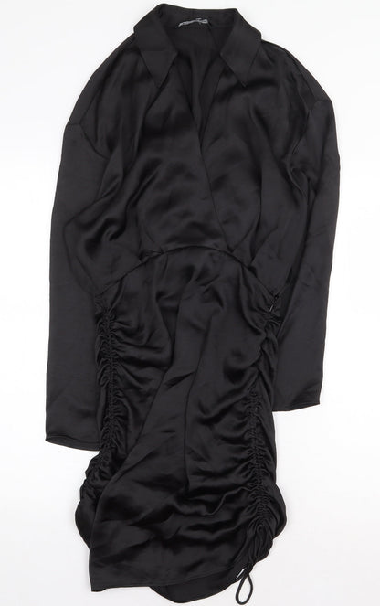 Zara Knit Womens Black Polyester Shirt Dress Size S Collared Zip