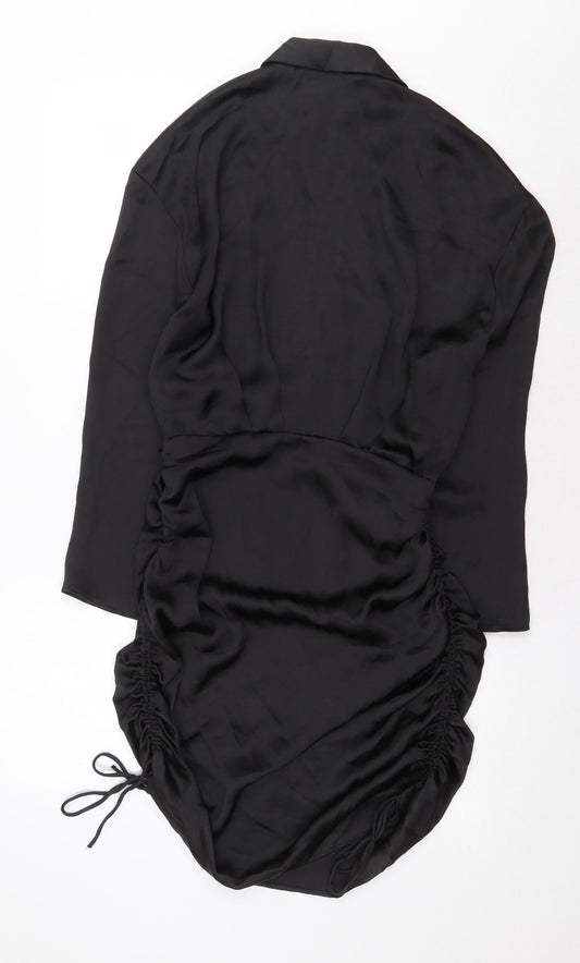 Zara Knit Womens Black Polyester Shirt Dress Size S Collared Zip