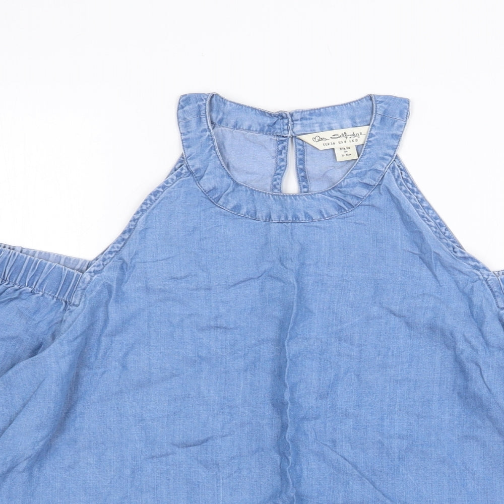 Miss Selfridge Womens Blue Lyocell Basic Blouse Size 8 Round Neck