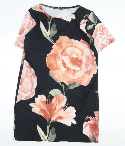 Boohoo Womens Black Floral Polyester A-Line Size 12 Round Neck Pullover