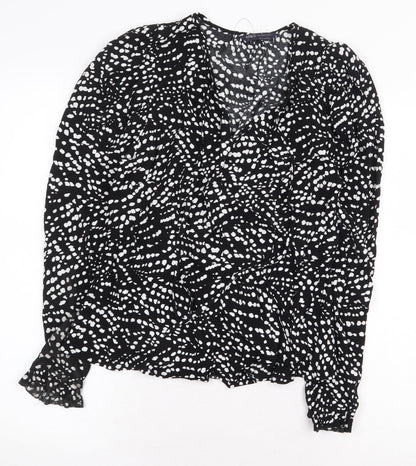 Marks and Spencer Womens Black Geometric Viscose Basic Blouse Size 8 V-Neck