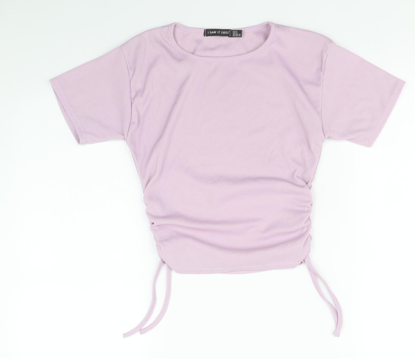 I SAW IT FIRST Womens Purple Polyester Cropped T-Shirt Size 6 Round Neck - Ribbed Side Tie Ruched